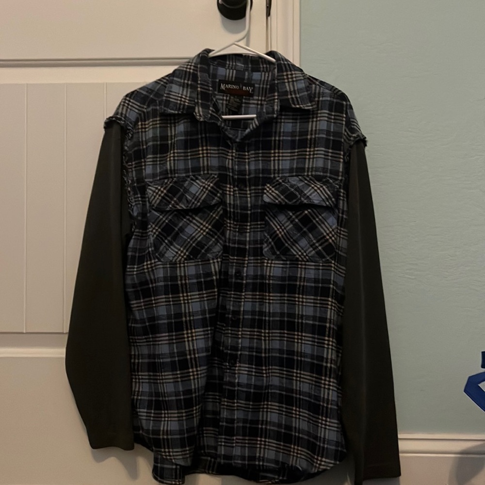 Marino Bay blue flannel with gray sleeves